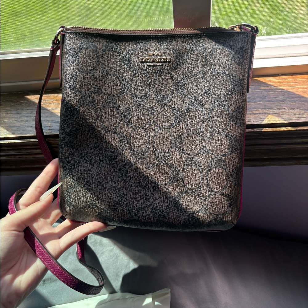 Coach Brown and Pink Crossbody Bag with Signature Monogram